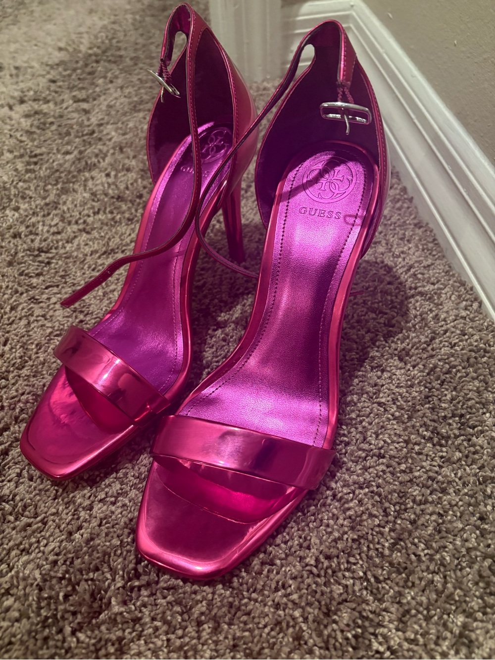 GUESS Metallic Fuchsia Open-Toe Ankle Strap Heels